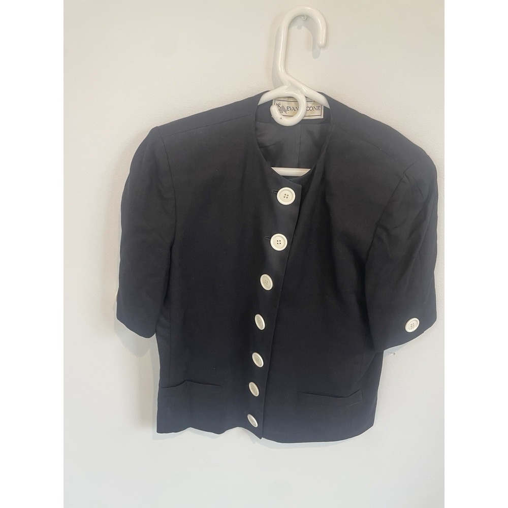 Vintage‎ 80s Evan Picone Black Short Sleeve Button Front Blouse White Buttons 8